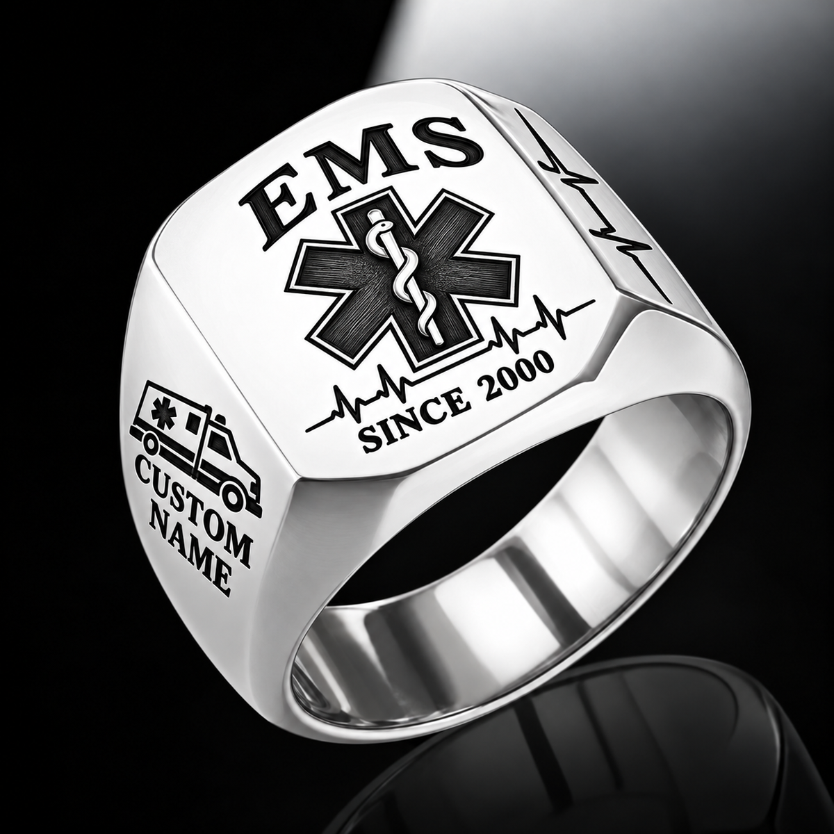 EMS Classic Emblem ring in Silver, showing CUSTOM NAME and SINCE 2000