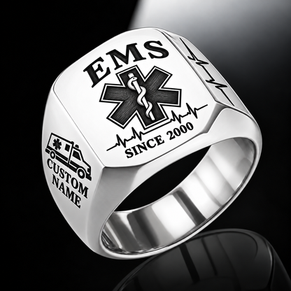 EMS Classic Emblem ring in Silver, showing CUSTOM NAME and SINCE 2000