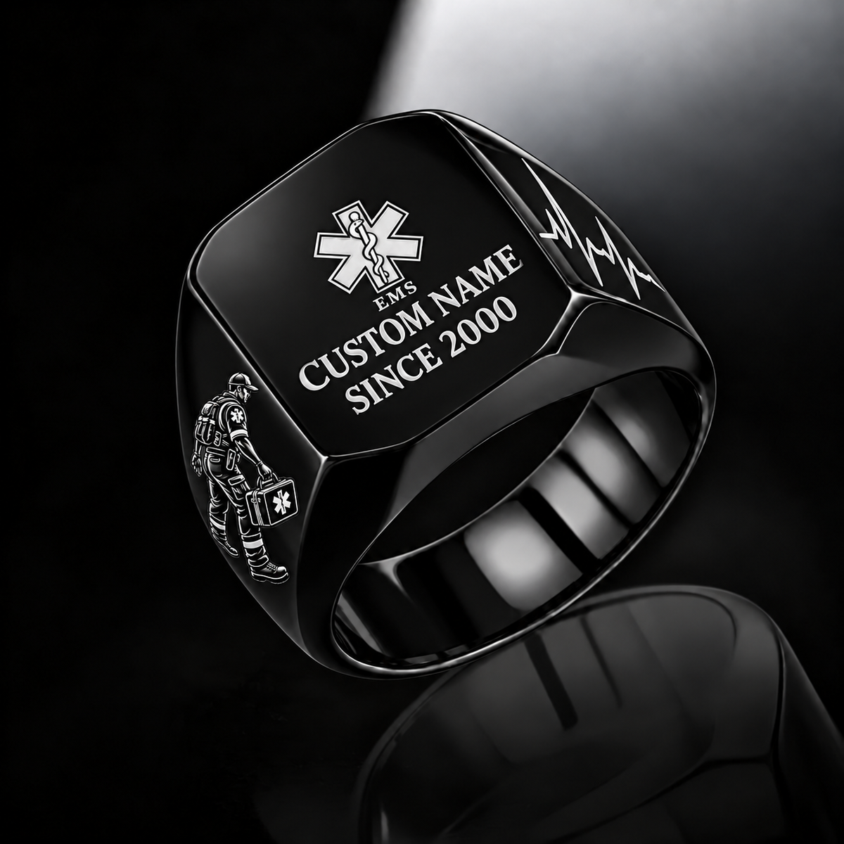 EMS Signature Crest ring in Black, showing CUSTOM NAME and SINCE 2000
