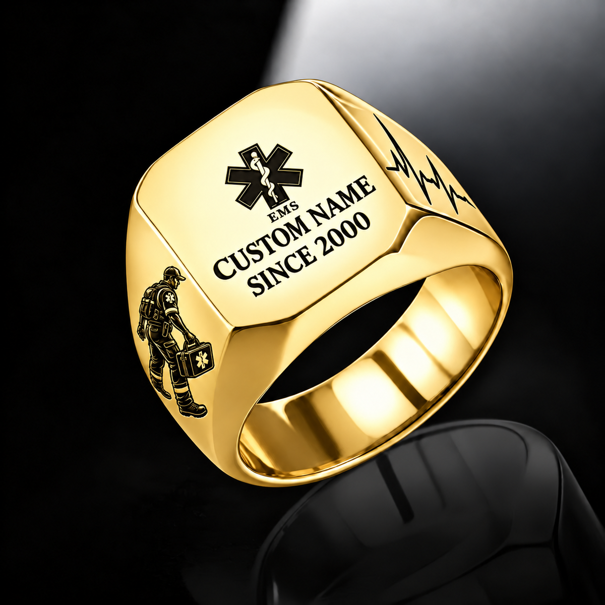 EMS Signature Crest ring in Gold, showing CUSTOM NAME and SINCE 2000
