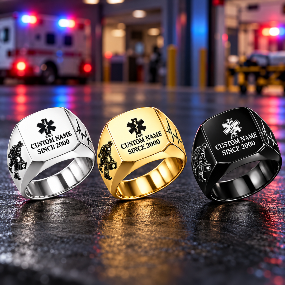 EMS Signature Crest personalized ring in Silver, Gold and Black with CUSTOM NAME and SINCE 2000 on a ems-themed background