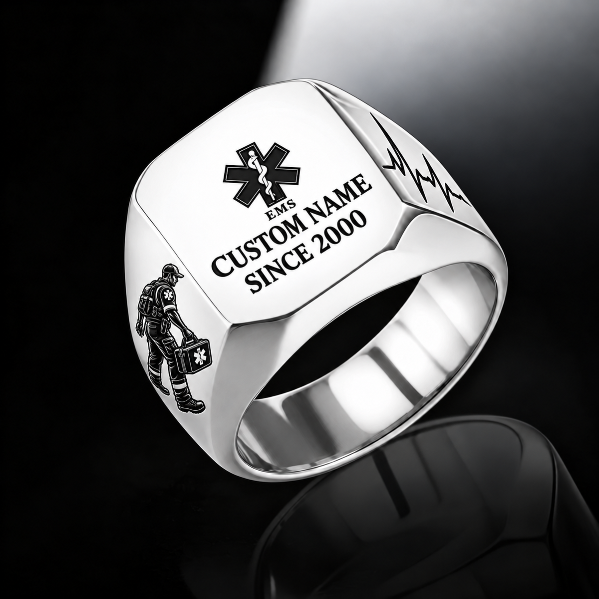 EMS Signature Crest ring in Silver, showing CUSTOM NAME and SINCE 2000