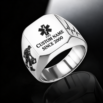 EMS Signature Crest ring in Silver, showing CUSTOM NAME and SINCE 2000