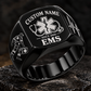 EMS Heritage Emblem ring in Black, showing CUSTOM NAME and SINCE 2000