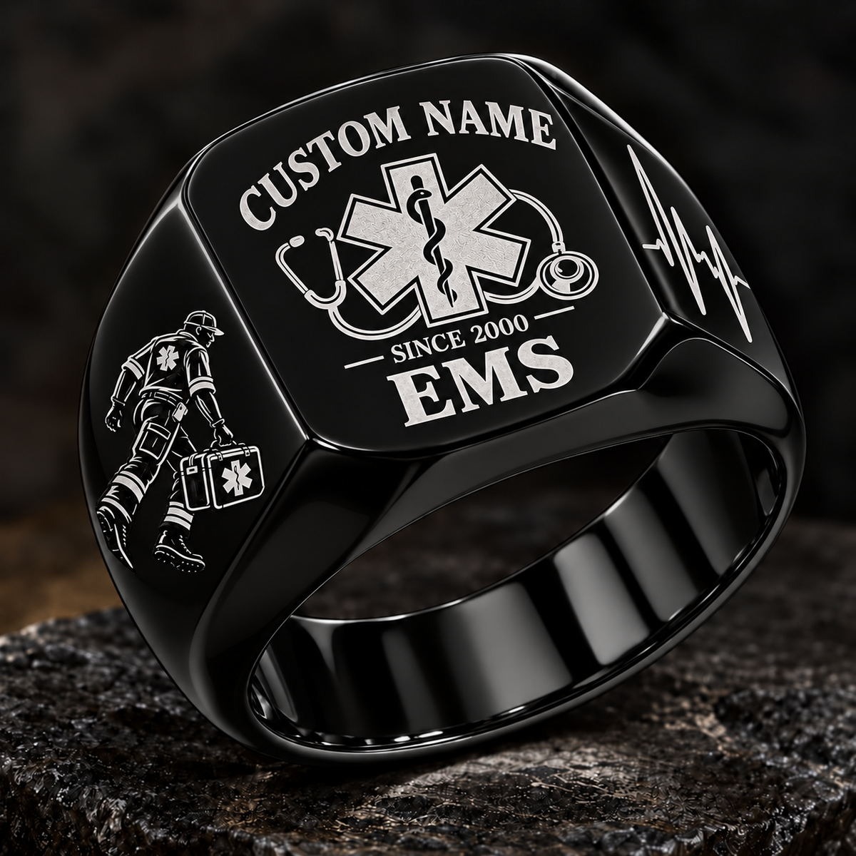 EMS Heritage Emblem ring in Black, showing CUSTOM NAME and SINCE 2000