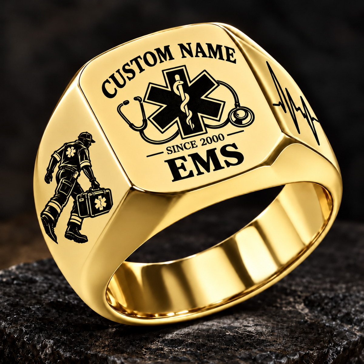 EMS Heritage Emblem ring in Gold, showing CUSTOM NAME and SINCE 2000
