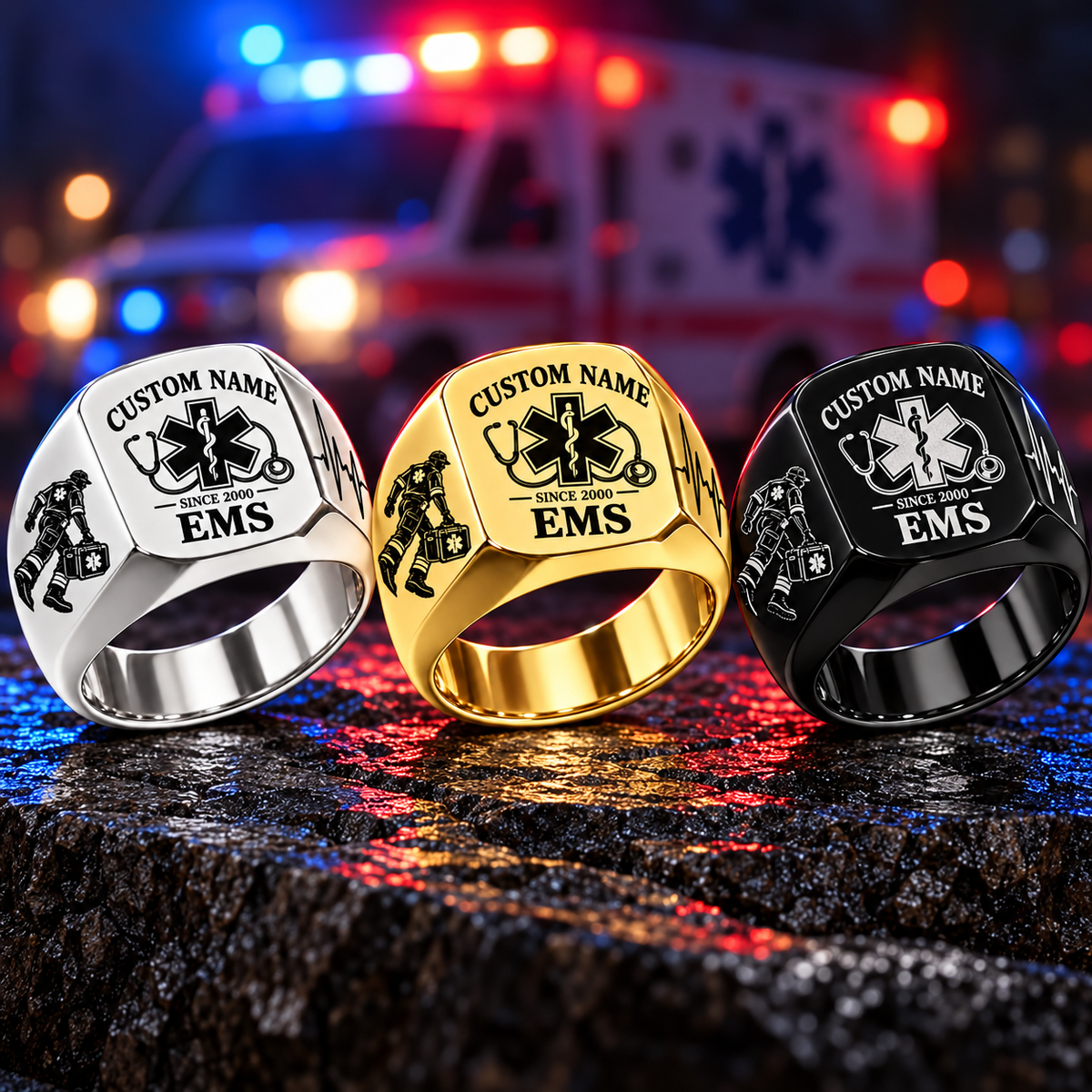 EMS Heritage Emblem personalized ring in Silver, Gold and Black with CUSTOM NAME and SINCE 2000 on a ems-themed background
