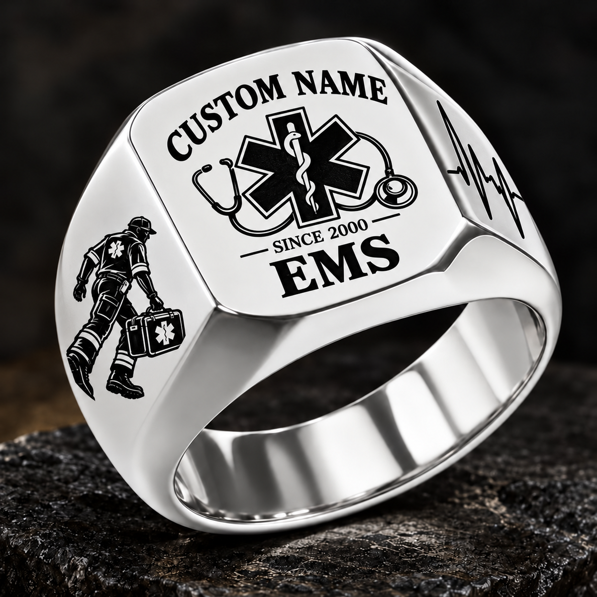 EMS Heritage Emblem ring in Silver, showing CUSTOM NAME and SINCE 2000
