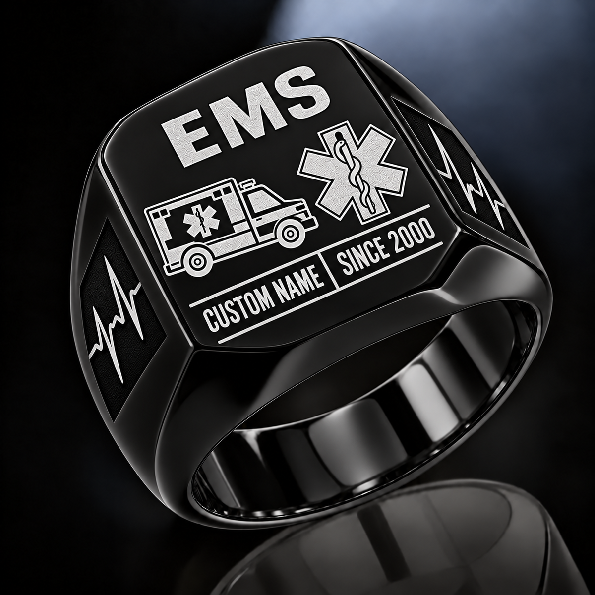 EMS Twin Icons ring in Black, showing CUSTOM NAME and SINCE 2000