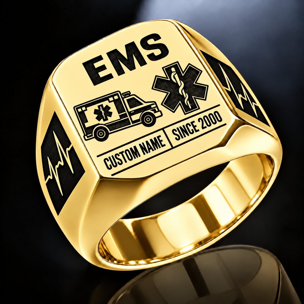 EMS Twin Icons ring in Gold, showing CUSTOM NAME and SINCE 2000