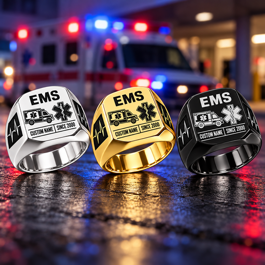 EMS Twin Icons personalized ring in Silver, Gold and Black with CUSTOM NAME and SINCE 2000 on a ems-themed background