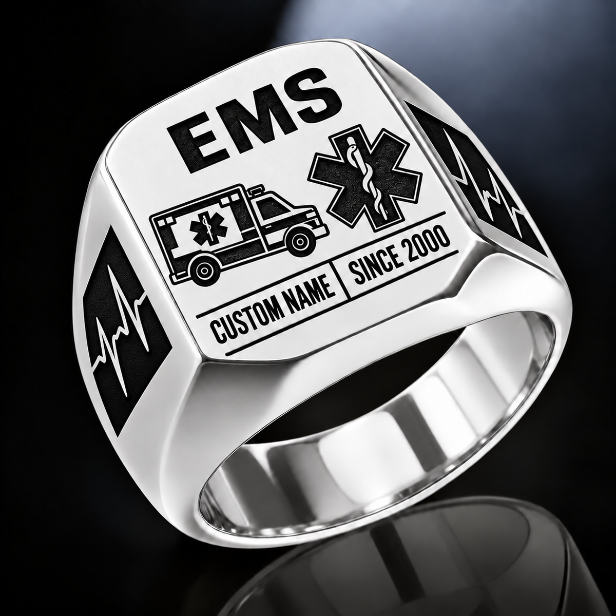 EMS Twin Icons ring in Silver, showing CUSTOM NAME and SINCE 2000
