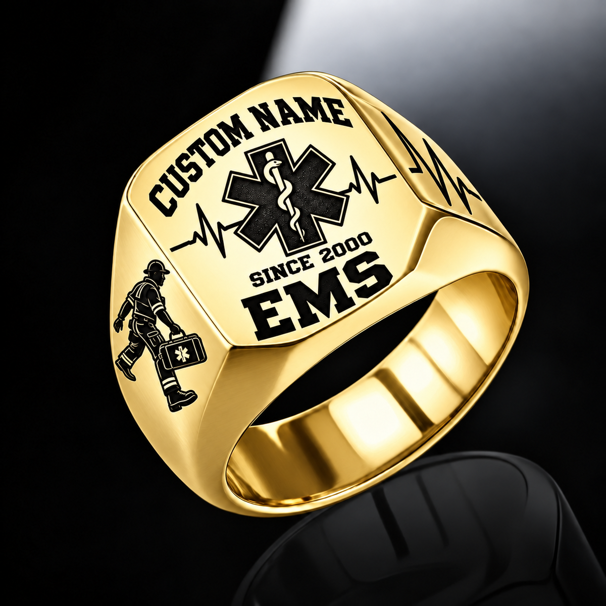 EMS Bold Lettering ring in Gold, showing CUSTOM NAME and SINCE 2000