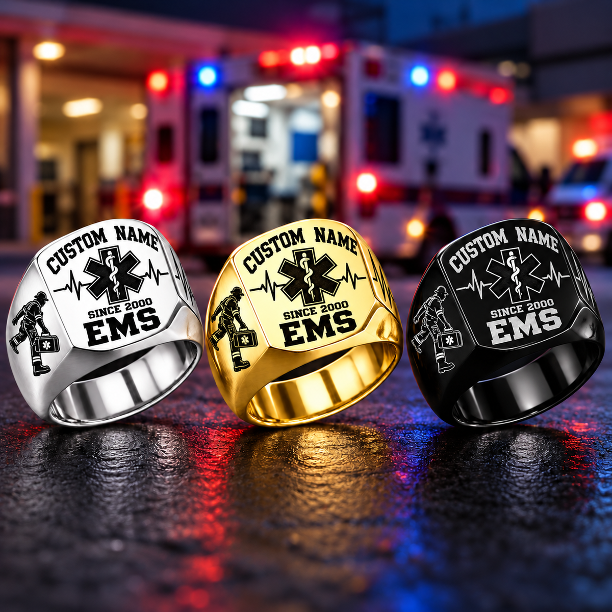 EMS Bold Lettering personalized ring in Silver, Gold and Black with CUSTOM NAME and SINCE 2000 on a ems-themed background