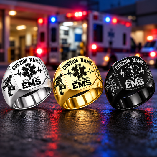 EMS Bold Lettering personalized ring in Silver, Gold and Black with CUSTOM NAME and SINCE 2000 on a ems-themed background
