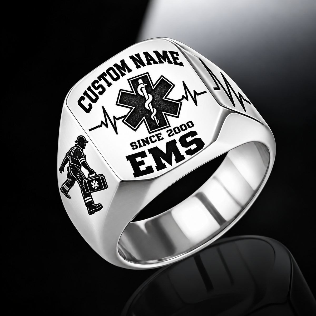 EMS Bold Lettering ring in Silver, showing CUSTOM NAME and SINCE 2000