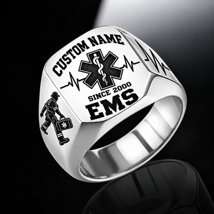 EMS Bold Lettering ring in Silver, showing CUSTOM NAME and SINCE 2000