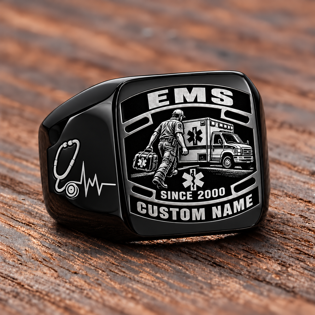 EMS Black Face Badge ring in Black, showing CUSTOM NAME and SINCE 2000