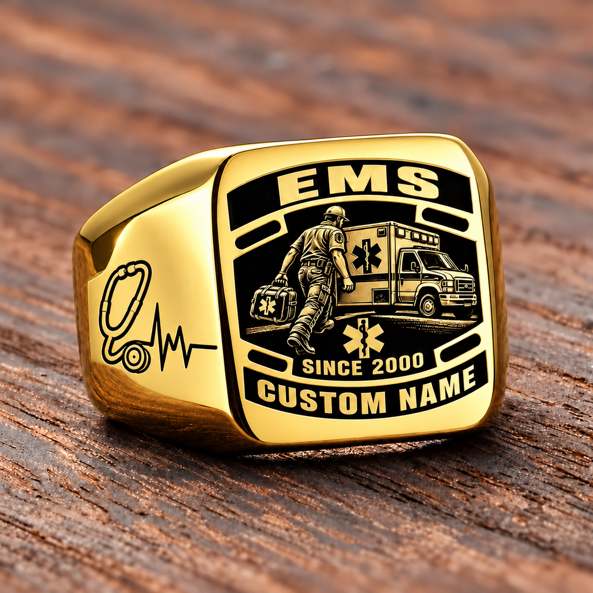 EMS Black Face Badge ring in Gold, showing CUSTOM NAME and SINCE 2000