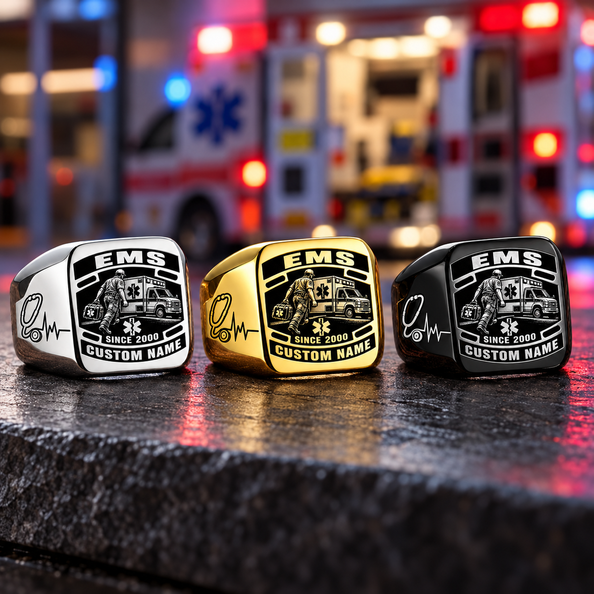EMS Black Face Badge personalized ring in Silver, Gold and Black with CUSTOM NAME and SINCE 2000 on a ems-themed background