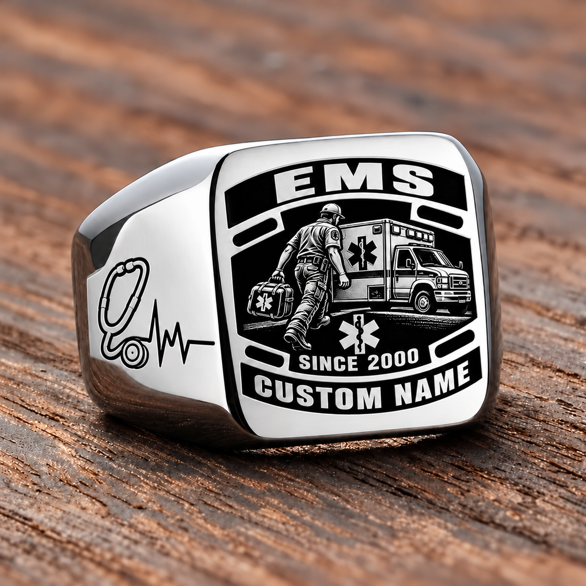 EMS Black Face Badge ring in Silver, showing CUSTOM NAME and SINCE 2000