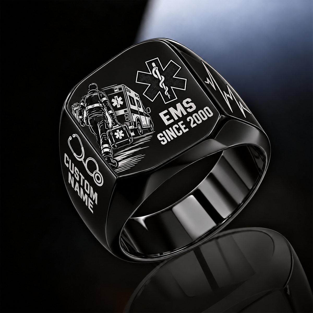EMS Split Emblem ring in Black, showing CUSTOM NAME and SINCE 2000