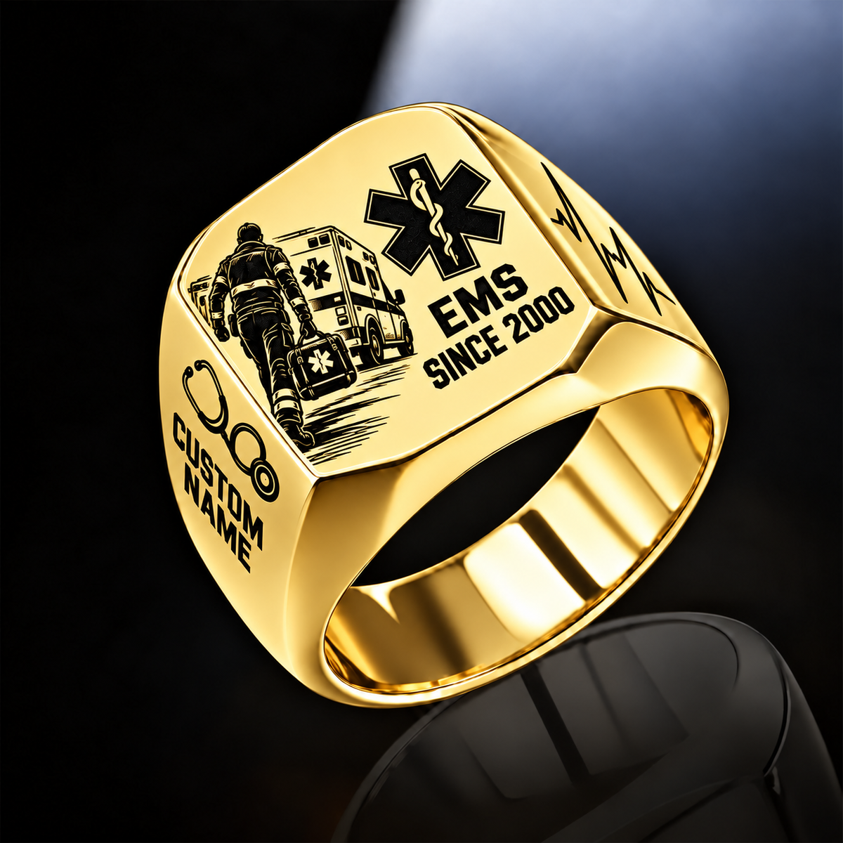 EMS Split Emblem ring in Gold, showing CUSTOM NAME and SINCE 2000