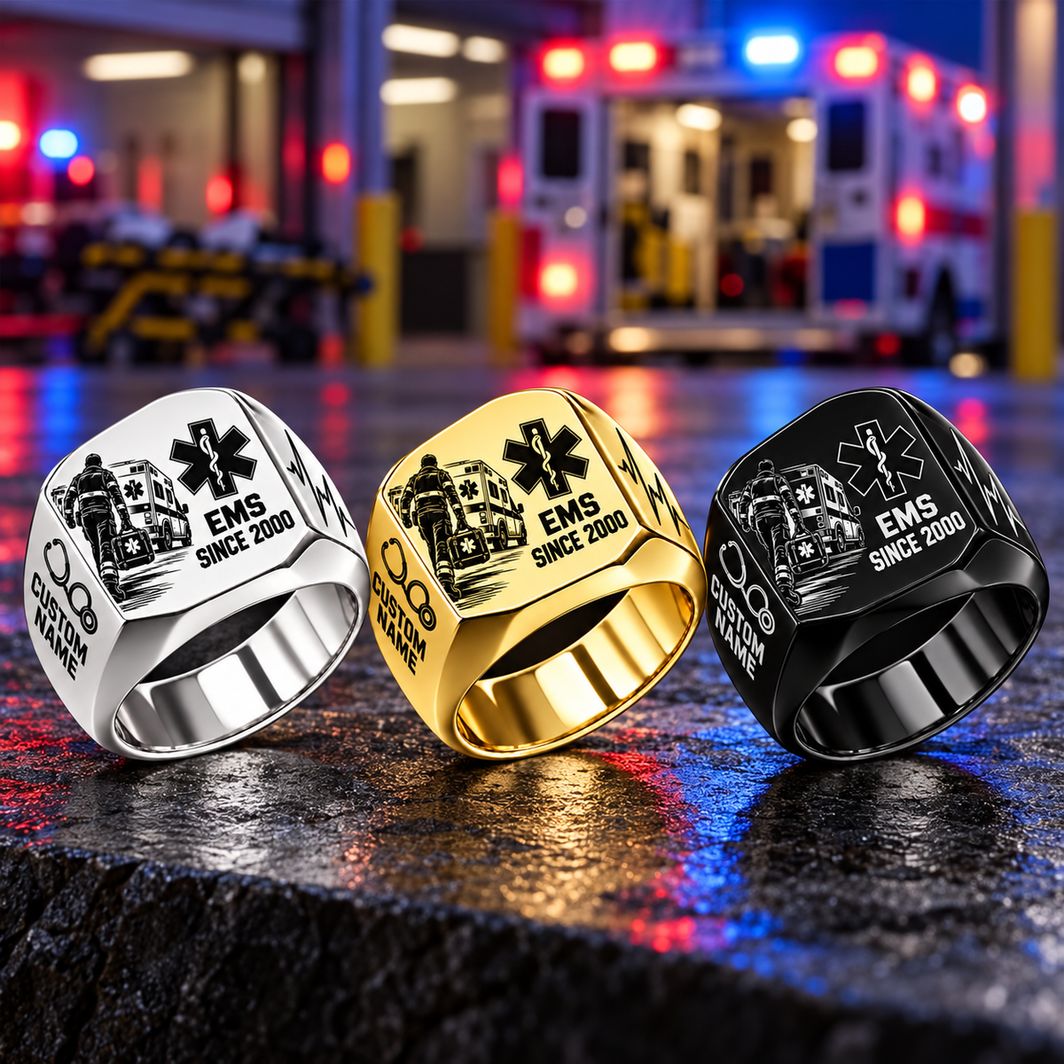 EMS Split Emblem personalized ring in Silver, Gold and Black with CUSTOM NAME and SINCE 2000 on a ems-themed background