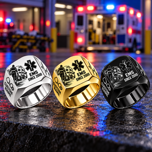 EMS Split Emblem personalized ring in Silver, Gold and Black with CUSTOM NAME and SINCE 2000 on a ems-themed background