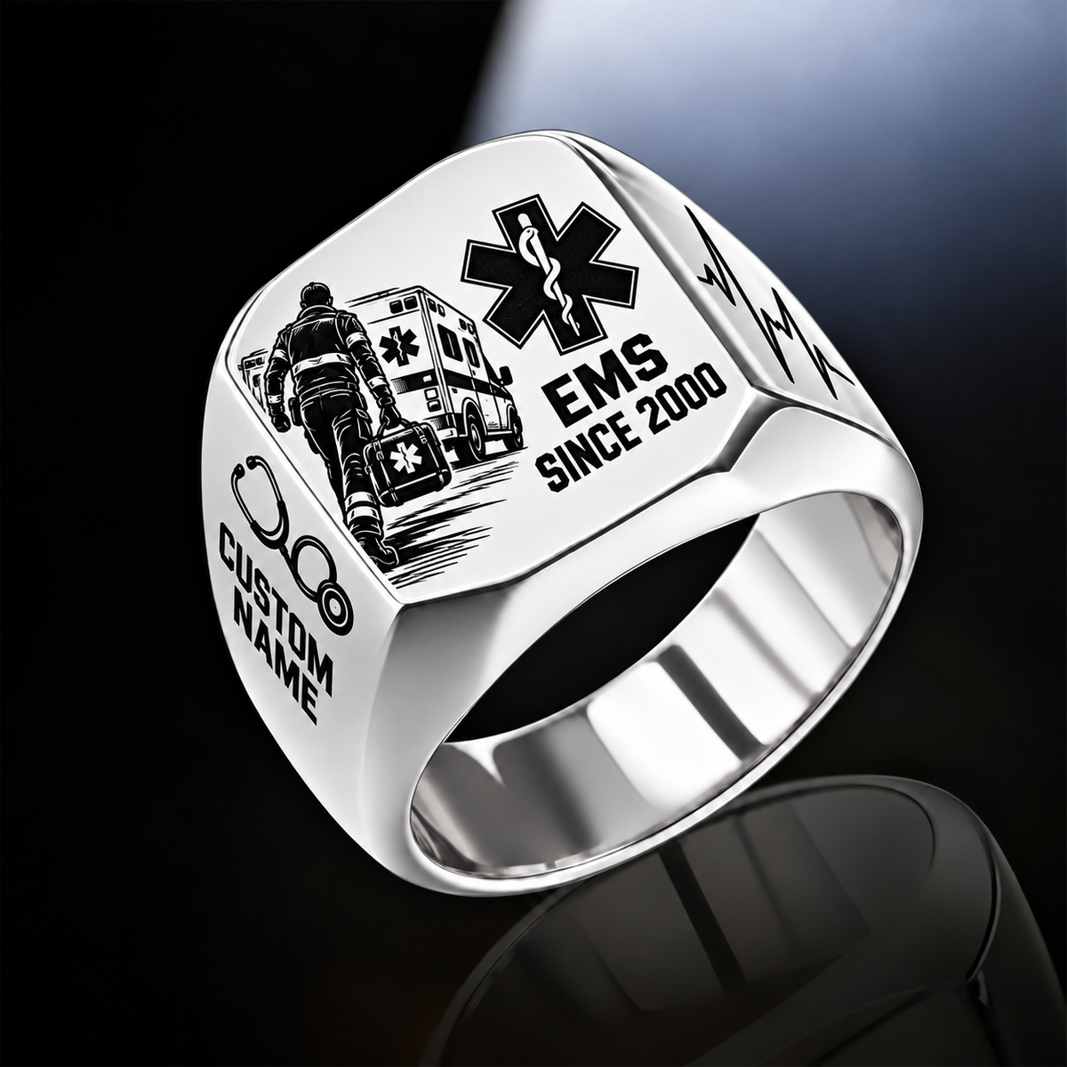 EMS Split Emblem ring in Silver, showing CUSTOM NAME and SINCE 2000