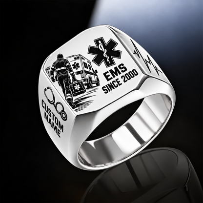 EMS Split Emblem ring in Silver, showing CUSTOM NAME and SINCE 2000