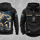 EMS Daily Commitment Portrait Vintage Hoodie in Black, separated front and back views with sample text CUSTOM NAME and SINCE 2000, generic ambulance-and-response-bag sleeve motifs, and a kneeling worker back illustration.