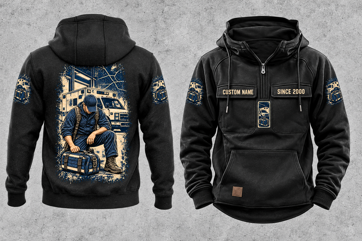 EMS Daily Commitment Portrait Vintage Hoodie in Black, separated front and back views with sample text CUSTOM NAME and SINCE 2000, generic ambulance-and-response-bag sleeve motifs, and a kneeling worker back illustration.