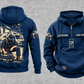 EMS Daily Commitment Portrait Vintage Hoodie in Dark Blue, separated front and back views with sample text CUSTOM NAME and SINCE 2000, generic ambulance-and-response-bag sleeve motifs, and a kneeling worker back illustration.