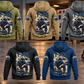 EMS Daily Commitment Portrait Vintage Hoodie in all five colors: Military Green, Kaki, Dark Gray, Black and Dark Blue. Five complete separated back views show the kneeling worker, closed response bag and ambulance artwork in a quiet ambulance bay.