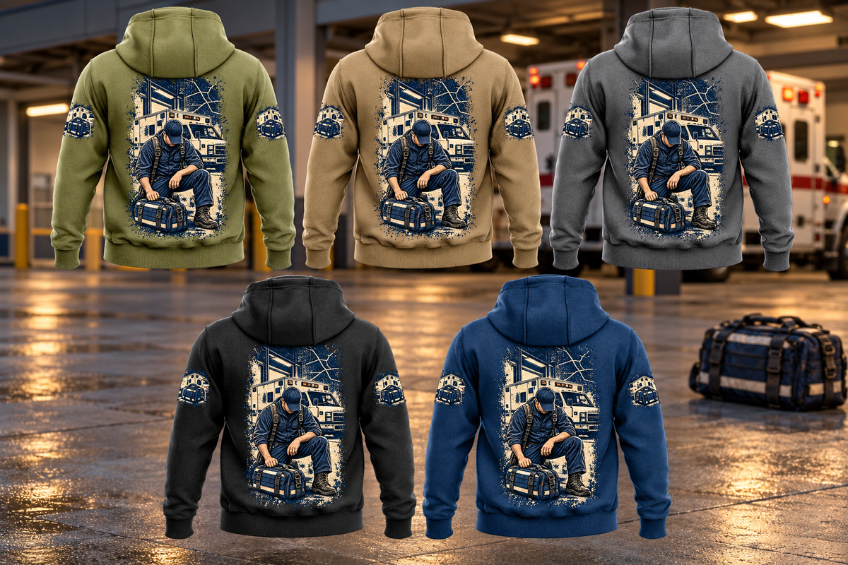 EMS Daily Commitment Portrait Vintage Hoodie in all five colors: Military Green, Kaki, Dark Gray, Black and Dark Blue. Five complete separated back views show the kneeling worker, closed response bag and ambulance artwork in a quiet ambulance bay.