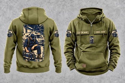 EMS Daily Commitment Portrait Vintage Hoodie in Military Green, separated front and back views with sample text CUSTOM NAME and SINCE 2000, generic ambulance-and-response-bag sleeve motifs, and a kneeling worker back illustration.