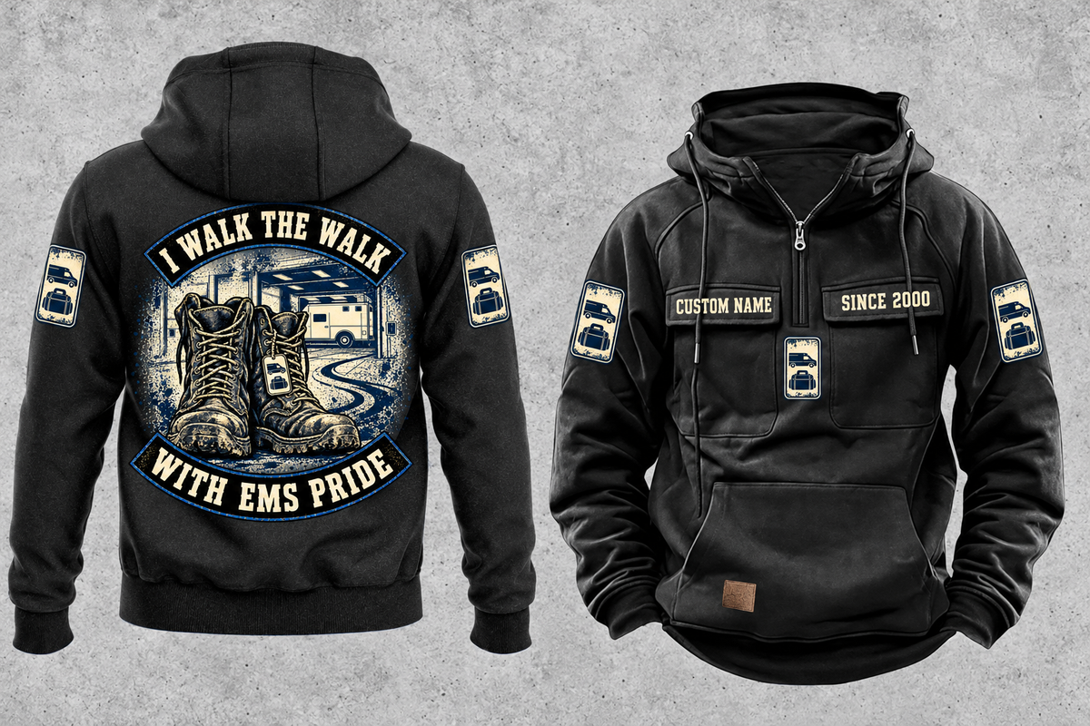 EMS Walk the Walk Badge Vintage Hoodie in Black, fully separated front and back views with sample text CUSTOM NAME and SINCE 2000, ambulance and response-bag motifs, and I WALK THE WALK / WITH EMS PRIDE arched boots artwork.