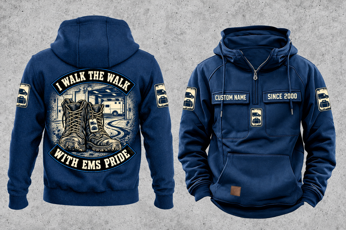 EMS Walk the Walk Badge Vintage Hoodie in Dark Blue, fully separated front and back views with sample text CUSTOM NAME and SINCE 2000, ambulance and response-bag motifs, and I WALK THE WALK / WITH EMS PRIDE arched boots artwork.