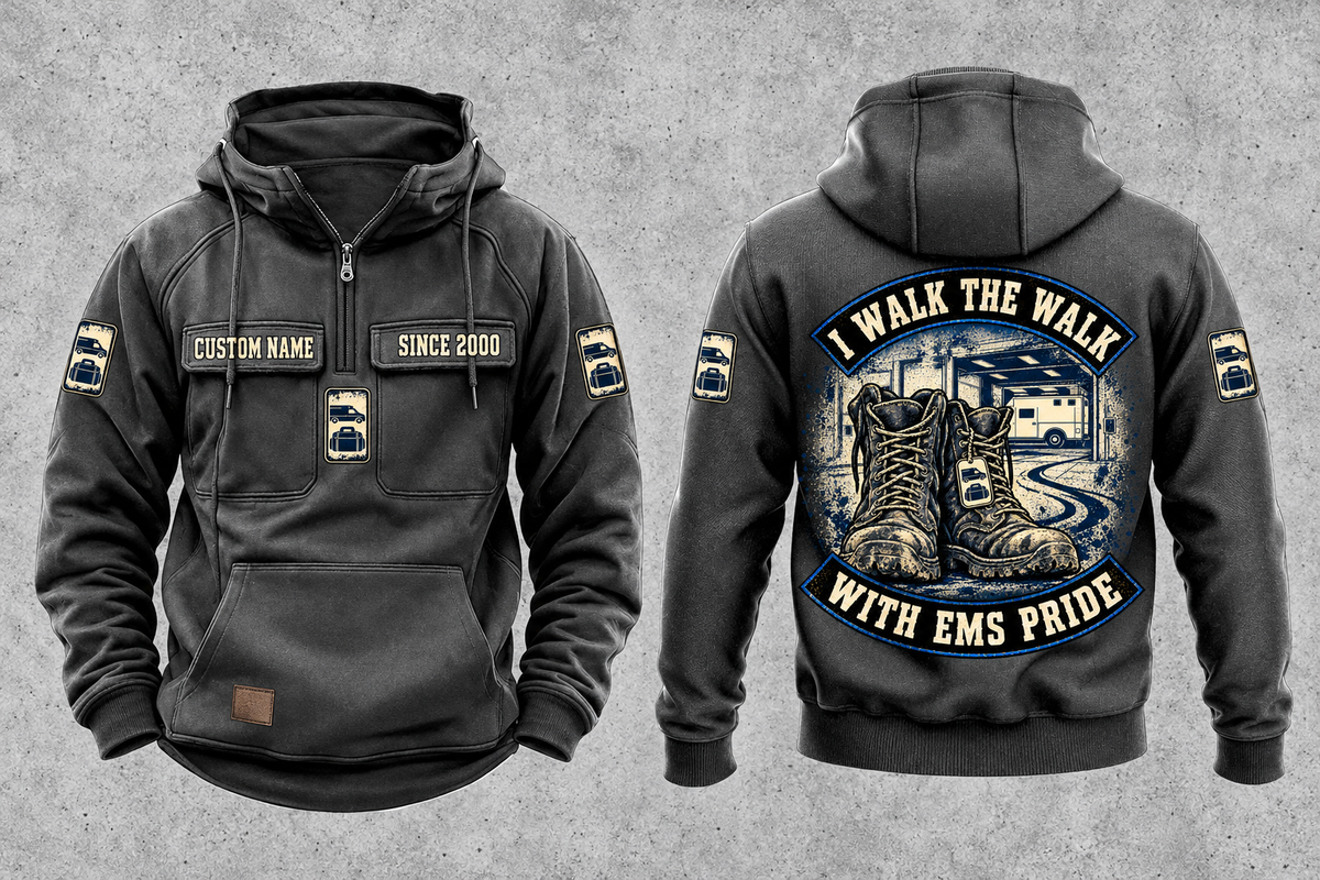 EMS Walk the Walk Badge Vintage Hoodie in Dark Gray, fully separated front and back views with sample text CUSTOM NAME and SINCE 2000, ambulance and response-bag motifs, and I WALK THE WALK / WITH EMS PRIDE arched boots artwork.