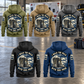 EMS Walk the Walk Badge Vintage Hoodie in Military Green, Kaki, Dark Gray, Black and Dark Blue, five fully separated back views in a quiet ambulance bay with a closed response bag and the I WALK THE WALK / WITH EMS PRIDE arched boots artwork.