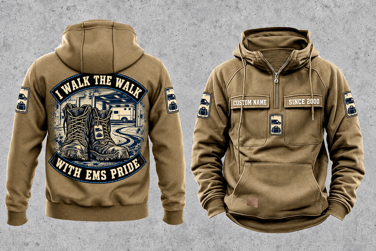 EMS Walk the Walk Badge Vintage Hoodie in Kaki, fully separated front and back views with sample text CUSTOM NAME and SINCE 2000, ambulance and response-bag motifs, and I WALK THE WALK / WITH EMS PRIDE arched boots artwork.