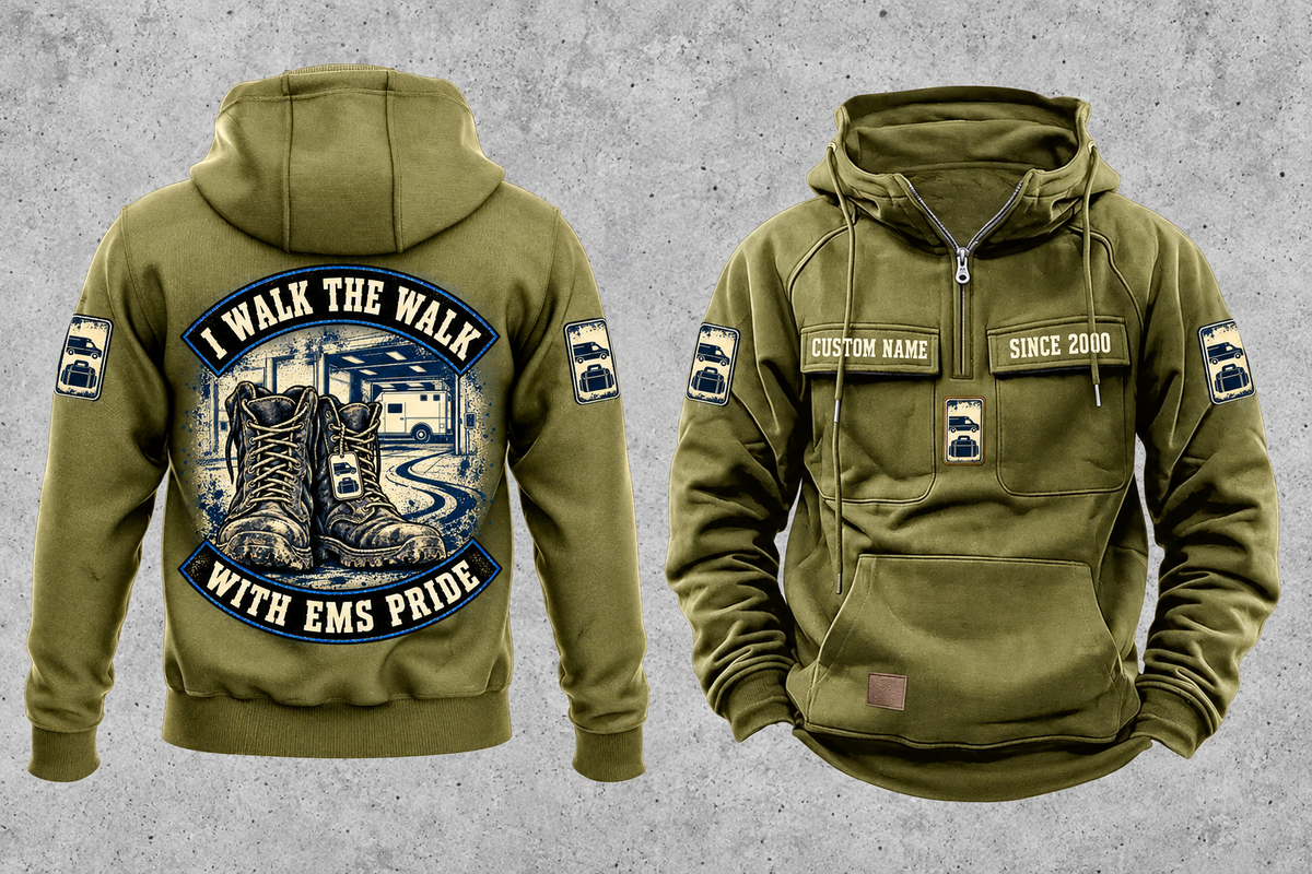 EMS Walk the Walk Badge Vintage Hoodie in Military Green, fully separated front and back views with sample text CUSTOM NAME and SINCE 2000, ambulance and response-bag motifs, and I WALK THE WALK / WITH EMS PRIDE arched boots artwork.