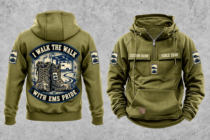 EMS Walk the Walk Badge Vintage Hoodie in Military Green, fully separated front and back views with sample text CUSTOM NAME and SINCE 2000, ambulance and response-bag motifs, and I WALK THE WALK / WITH EMS PRIDE arched boots artwork.