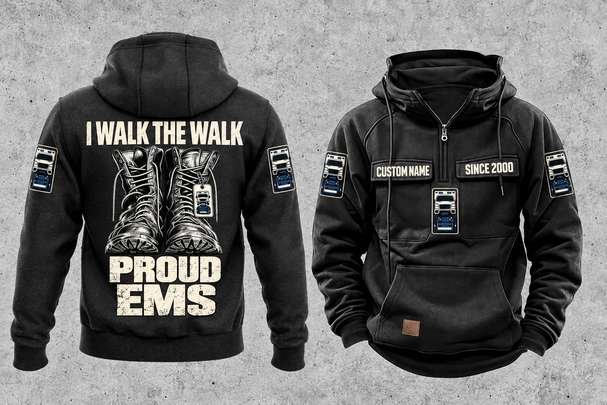 EMS Proud Walk Vintage Hoodie in Black, complete front and back views with CUSTOM NAME and SINCE 2000 chest samples, generic ambulance and response-bag motifs, and I WALK THE WALK / PROUD / EMS boot artwork.