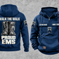 EMS Proud Walk Vintage Hoodie in Dark Blue, complete front and back views with CUSTOM NAME and SINCE 2000 chest samples, generic ambulance and response-bag motifs, and I WALK THE WALK / PROUD / EMS boot artwork.