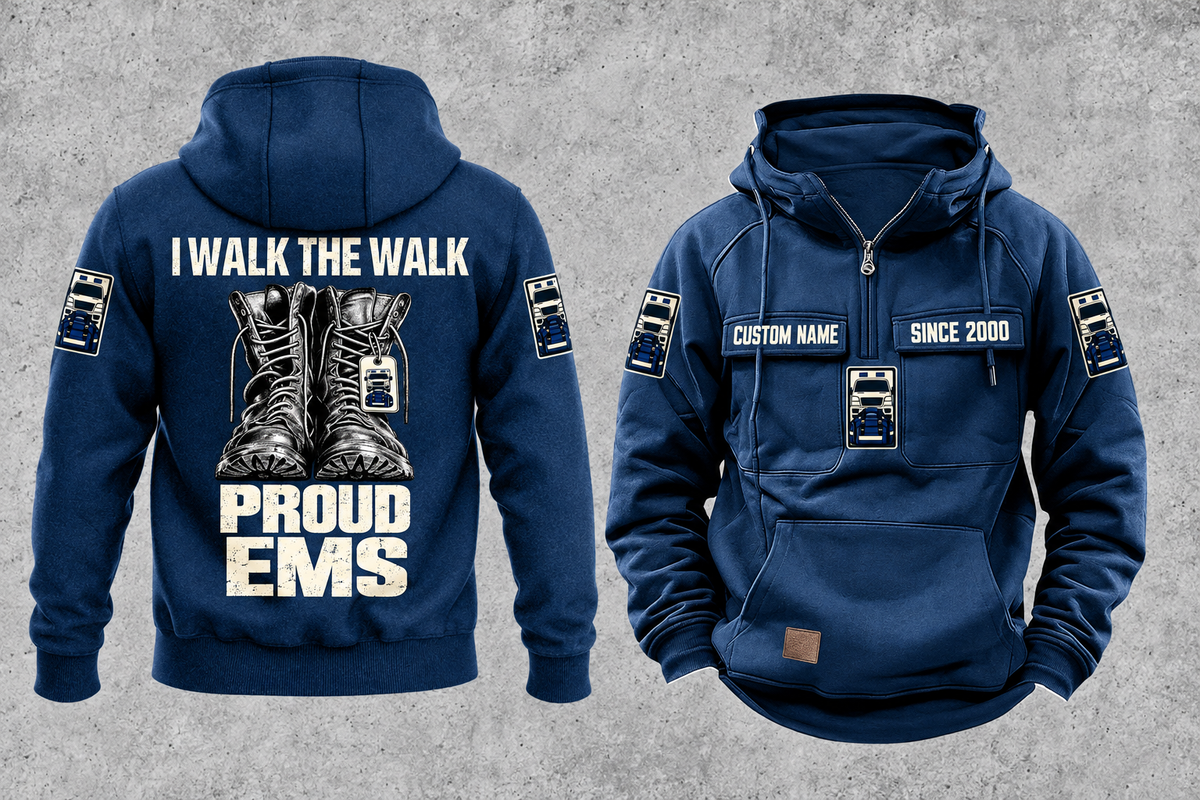 EMS Proud Walk Vintage Hoodie in Dark Blue, complete front and back views with CUSTOM NAME and SINCE 2000 chest samples, generic ambulance and response-bag motifs, and I WALK THE WALK / PROUD / EMS boot artwork.