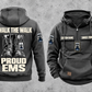 EMS Proud Walk Vintage Hoodie in Dark Gray, complete front and back views with CUSTOM NAME and SINCE 2000 chest samples, generic ambulance and response-bag motifs, and I WALK THE WALK / PROUD / EMS boot artwork.