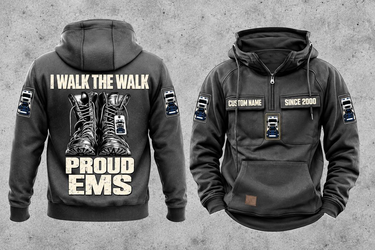 EMS Proud Walk Vintage Hoodie in Dark Gray, complete front and back views with CUSTOM NAME and SINCE 2000 chest samples, generic ambulance and response-bag motifs, and I WALK THE WALK / PROUD / EMS boot artwork.
