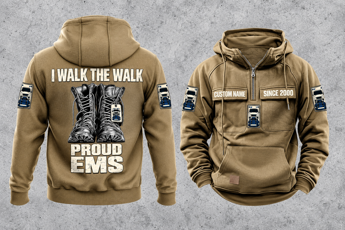 EMS Proud Walk Vintage Hoodie in Kaki, complete front and back views with CUSTOM NAME and SINCE 2000 chest samples, generic ambulance and response-bag motifs, and I WALK THE WALK / PROUD / EMS boot artwork.